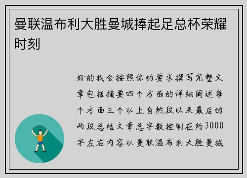 曼联温布利大胜曼城捧起足总杯荣耀时刻