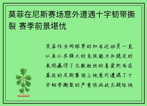 莫菲在尼斯赛场意外遭遇十字韧带撕裂 赛季前景堪忧